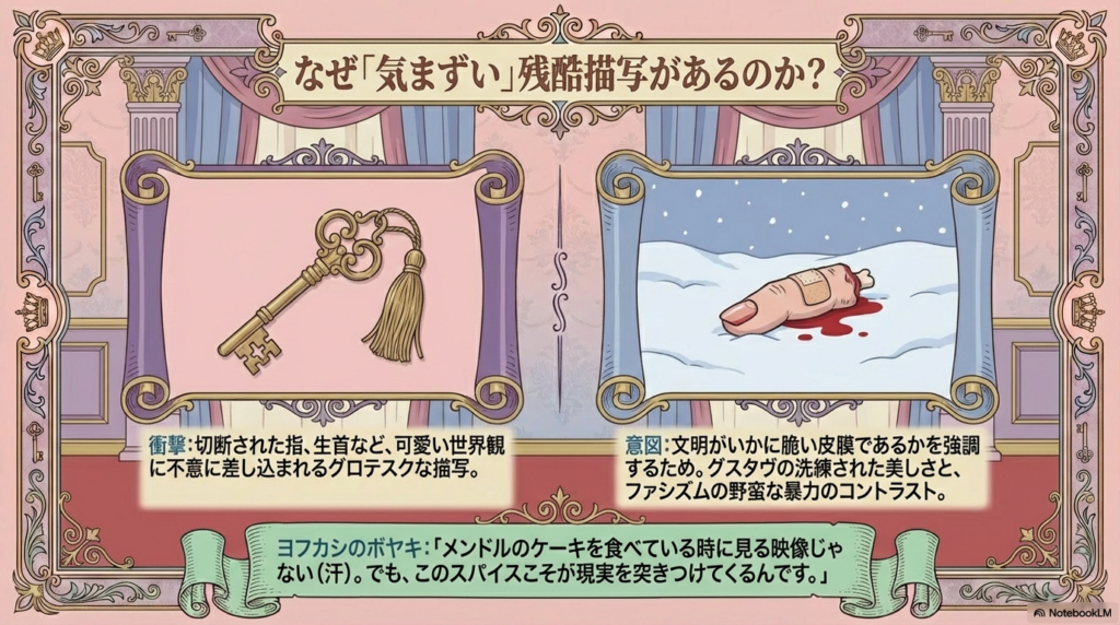 鍵と切断された指のイラストを用い、文明の脆さと暴力のコントラストを解説するスライド。