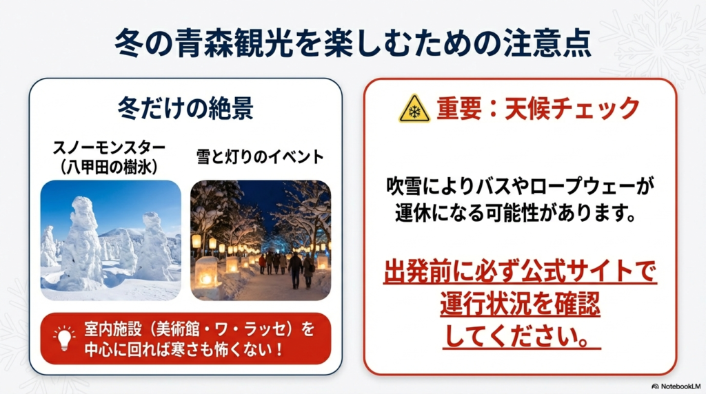 樹氷や雪灯りのイベント写真とともに、吹雪による運休の可能性や公式サイトでの運行状況確認を促す注意書き。