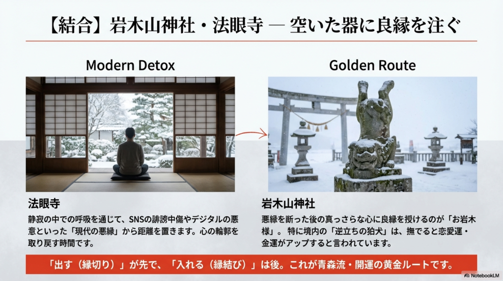 雪景色を眺める静かな和室と、岩木山神社の逆立ちの狛犬の写真。「出す（縁切り）が先で、入れる（縁結び）は後」という青森流の作法。