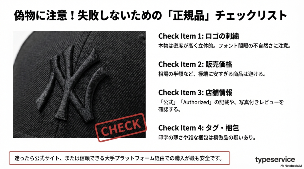 偽物を避けるための4つのチェックポイント(ロゴ刺繍の密度、販売価格、店舗情報、タグ・梱包)をまとめたリスト。