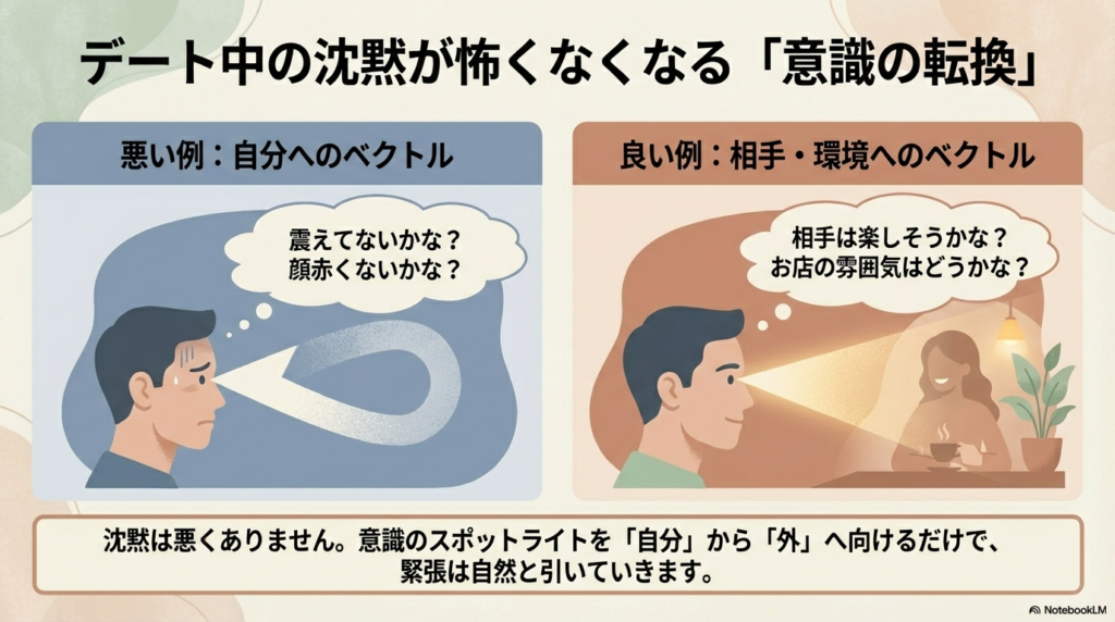 意識のベクトルを「自分（震えや赤面）」から「相手や環境」へ向けることで緊張が引いていく様子を示した比較図。