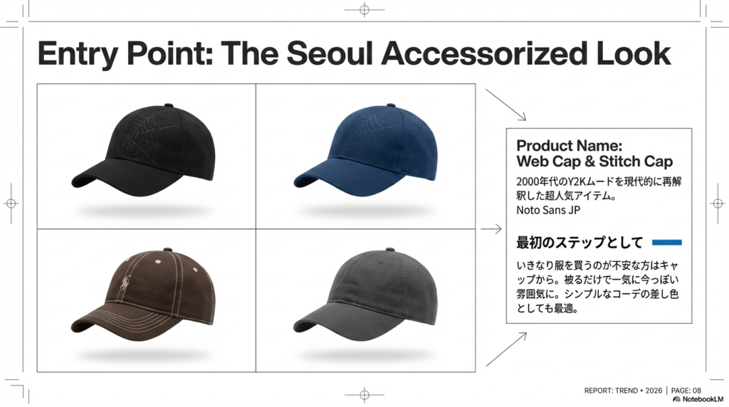 Y2Kムードを現代的に再解釈した人気のキャップ。初心者が最初の一歩として取り入れやすいスタイリングアイテム。