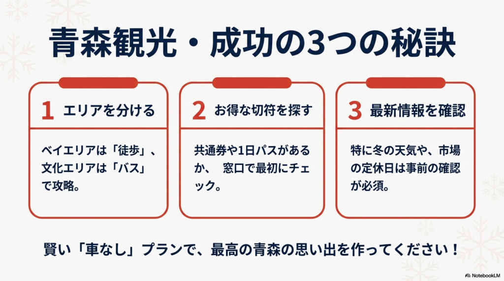 「エリアを分ける」「お得な切符を探す」「最新情報を確認」という、車なしプランを成功させるためのポイントまとめ。