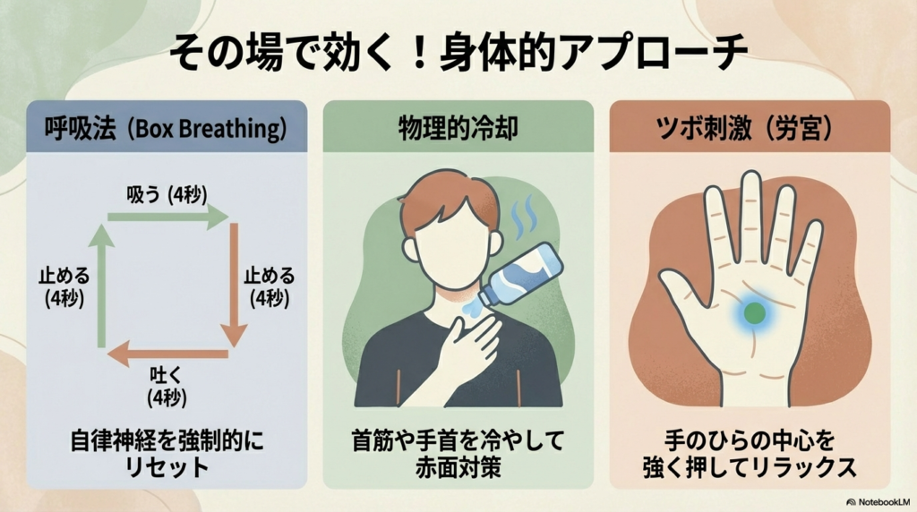ボックスブリージング、首筋の冷却、手のひらのツボ「労宮」の刺激方法をイラストで解説した図。