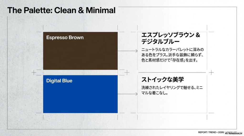 ニュートラルな色調に深みを与えるエスプレッソブラウンとデジタルブルーの配色例。ミニマルでストイックな美学を表現。