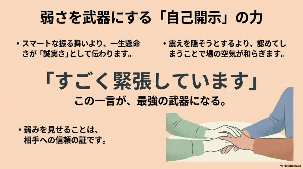 「すごく緊張しています」と伝えることで、弱さが信頼の証となり、誠実さとして伝わることを説明する画像。