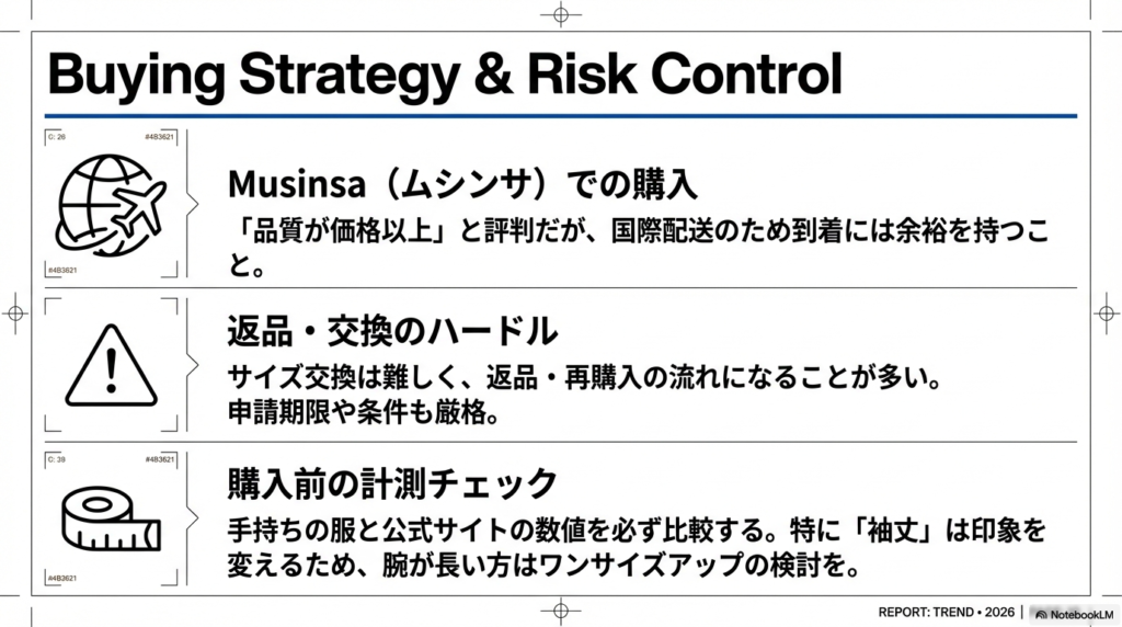 ムシンサ等での国際配送や返品・交換の難しさ、購入前に手持ちの服と数値を比較すべき点などの注意喚起。