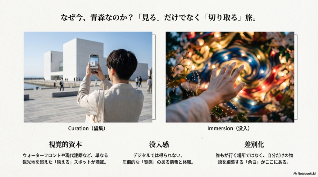 「見る」だけでなく「切り取る」旅を提案し、視覚的資本や没入感を重視する2025年の旅行哲学を解説する図解。
