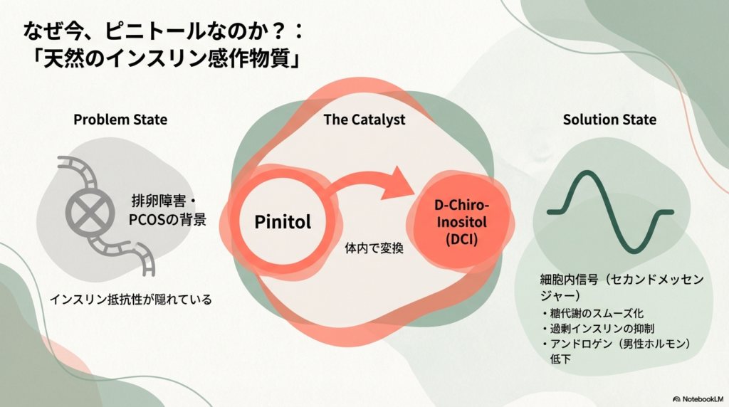 天然のインスリン感作物質としてのピニトールの役割を図解。ピニトールが体内でD-カイロイノシトール(DCI)に変換され、糖代謝のスムーズ化や過剰インスリンの抑制、男性ホルモンの低下をもたらすプロセス 。