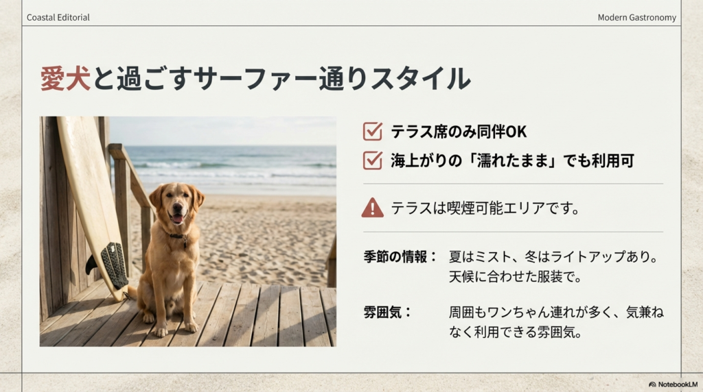 ペット連れガイドのスライド。テラス席のみ同伴可能で、海上がりの濡れたままでも利用できる案内。夏はミスト、冬はライトアップがある旨の記載。