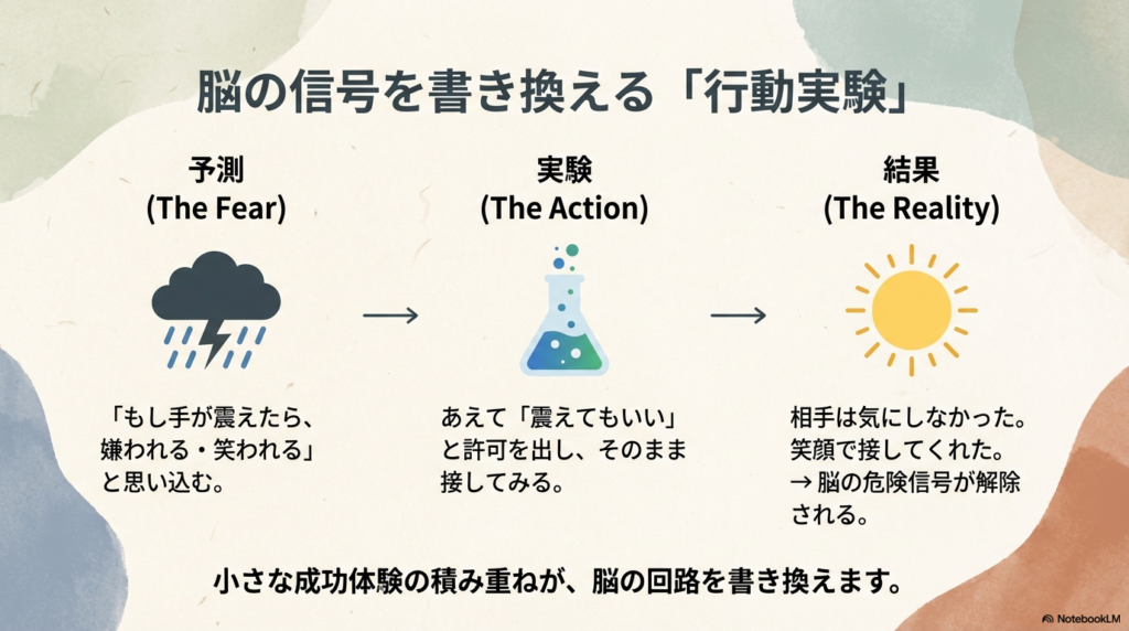 予測・実験・結果のサイクルを通じて、「震えても大丈夫だった」という成功体験が脳の危険信号を解除するプロセスを説明する図。