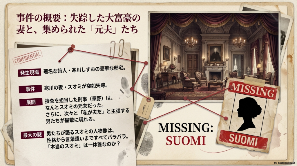 著名な詩人・寒川しずおの邸宅で起きたスオミ失踪事件の概要。元夫である刑事が捜査を担当し、次々と元夫たちが現れる展開を説明 。
