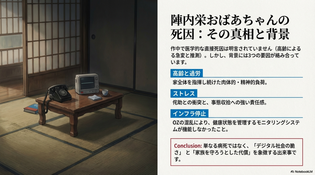 黒電話とテレビがある和室のイラスト。高齢と過労、ストレス、インフラ停止という3つの死因要因をまとめた考察スライド。