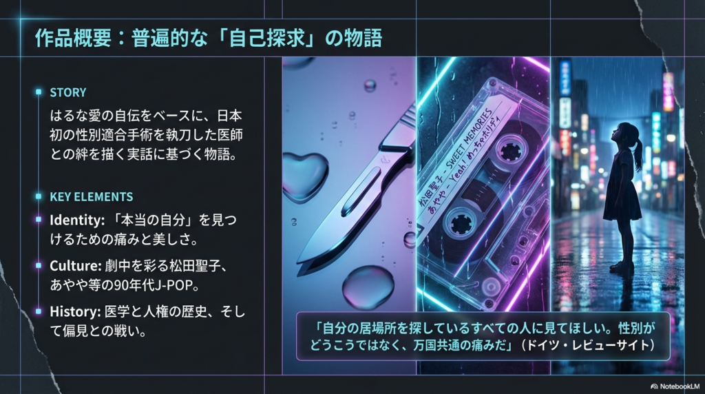 はるな愛さんの自伝をベースにした物語の概要と、アイデンティティ、文化、歴史といった作品を構成するキー要素、そしてドイツのレビューサイトからの「万国共通の痛み」というコメント。