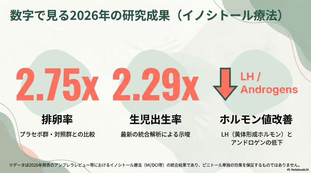 2026年の最新統合解析に基づく数値データ。イノシトール療法により、生児出生率が2.75倍、排卵率が2.29倍に向上し、LH(黄体形成ホルモン)やアンドロゲン値が改善したことを示すグラフ 。