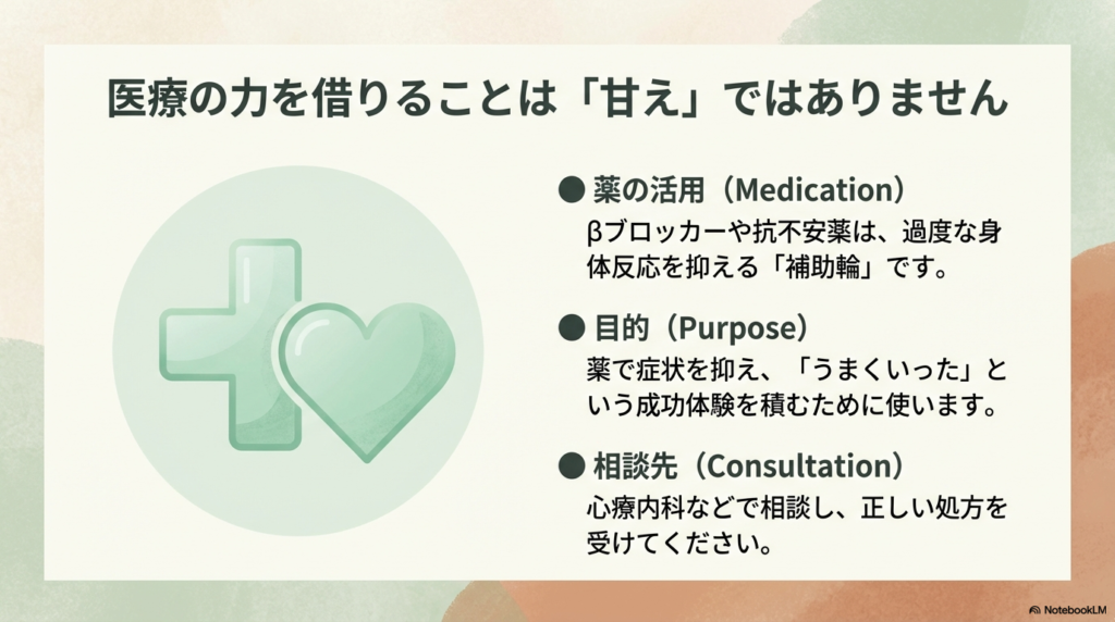 薬を「成功体験を積むための補助輪」として捉え、心療内科などへの相談を勧める案内図。
