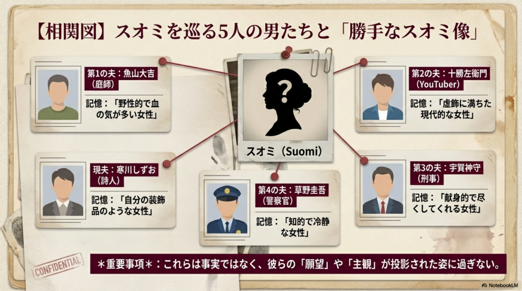 スオミと5人の夫（魚山、十勝、宇賀神、草野、寒川）の相関図。それぞれの夫が抱く「知的」「野性的」といったバラバラなスオミ像が、彼らの願望であることを示唆している 。