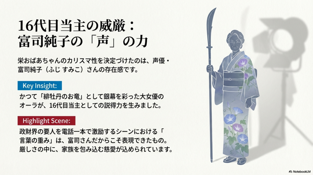 富司純子さんが演じる栄おばあちゃんのカリスマ性と、政財界の要人を電話一本で動かす名シーンの解説。