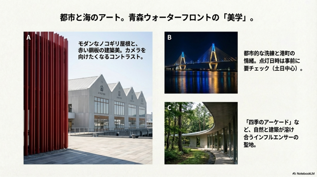 A-FACTORYのノコギリ屋根、青森ベイブリッジの夜景、ACACの四季のアーケードの3枚の写真と解説。