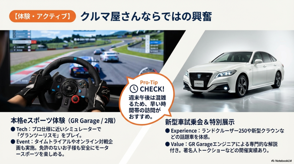2階GR Garageでの本格eスポーツ体験(グランツーリスモ)と、エンジニアの解説付き新型車試乗会の案内。週末午後の混雑回避を勧める「Pro-Tip」も記載。