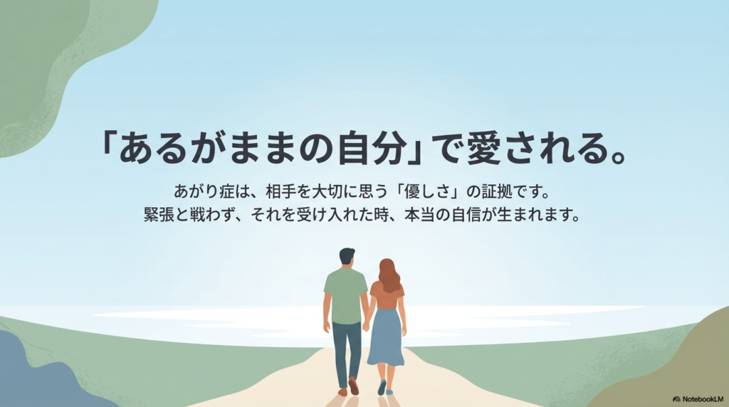 緊張を受け入れ、あるがままの自分を認めることが本当の自信に繋がるというメッセージを添えた、男女が歩く後ろ姿のイラスト。