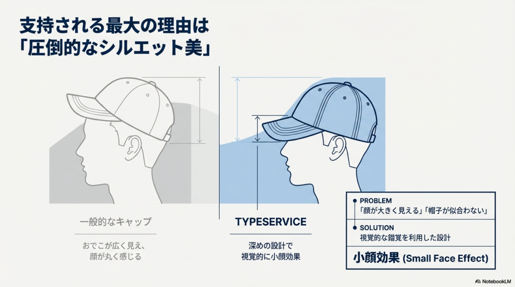 一般的なキャップとおでこが広く見える丸顔のイラスト、TYPESERVICEの深め設計で小顔効果があるシルエットの比較図。