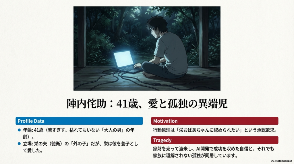 41歳の侘助の横顔と、栄おばあちゃんに認められたいという承認欲求、そしてアメリカでの成功と孤独を記したプロフィールスライド。