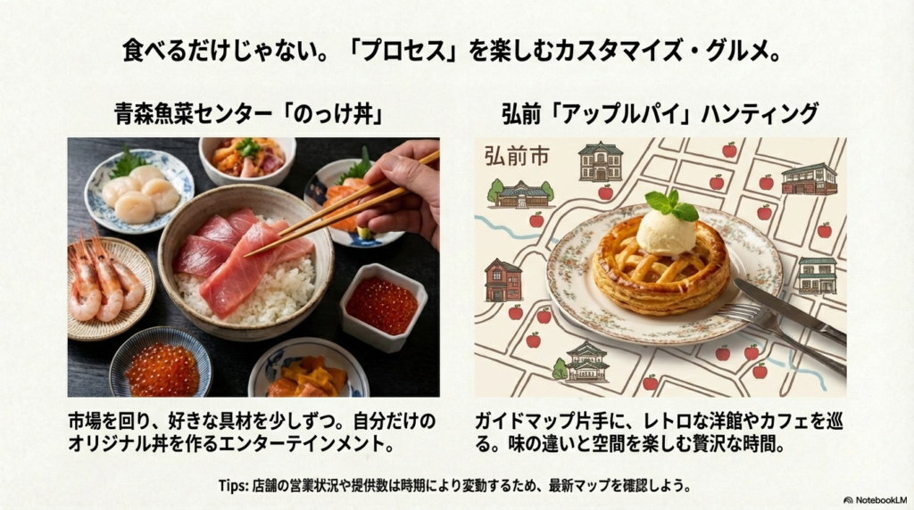 青森魚菜センターの「のっけ丼」と弘前のアップルパイ巡りを紹介する、体験型グルメのスライド。