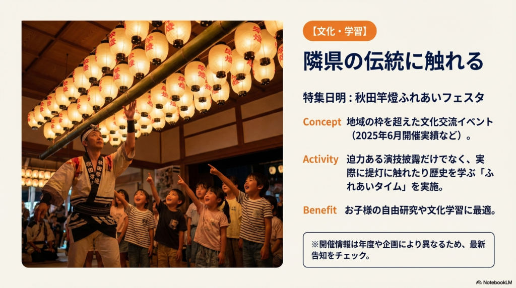 地域を超えた文化交流として開催された「秋田竿燈ふれあいフェスタ」の紹介。演技披露や提灯に触れる体験タイム、自由研究への活用について説明している。