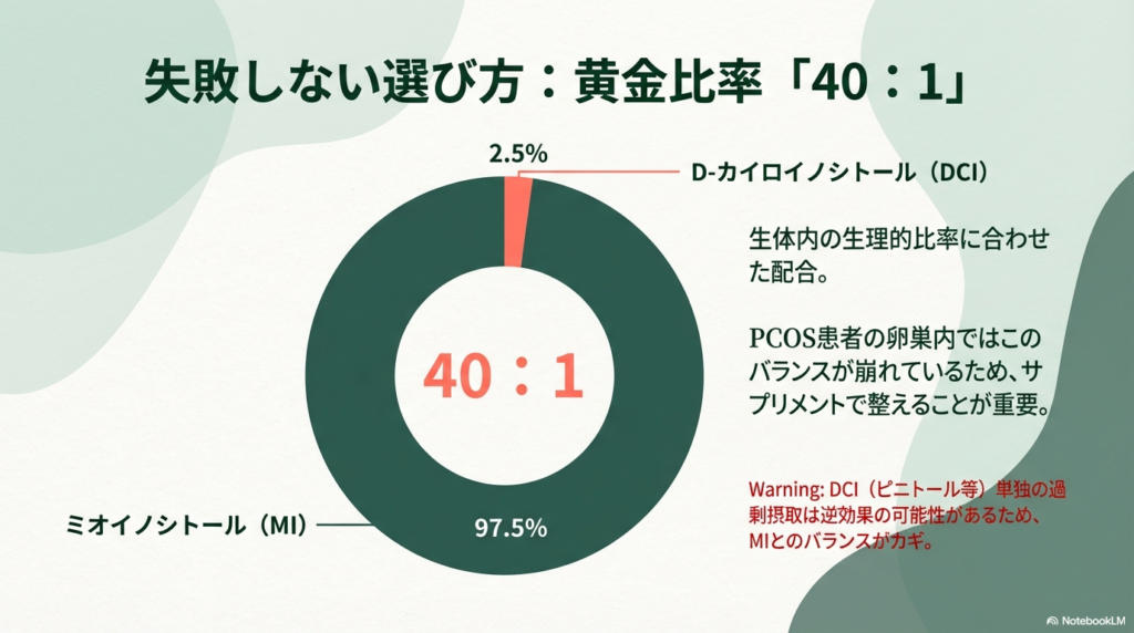 ミオイノシトール(MI)97.5%とD-カイロイノシトール(DCI)2.5%の「40:1」比率を示す円グラフ。生体内の生理的比率に合わせることの重要性と、DCI単独の過剰摂取への注意喚起 。