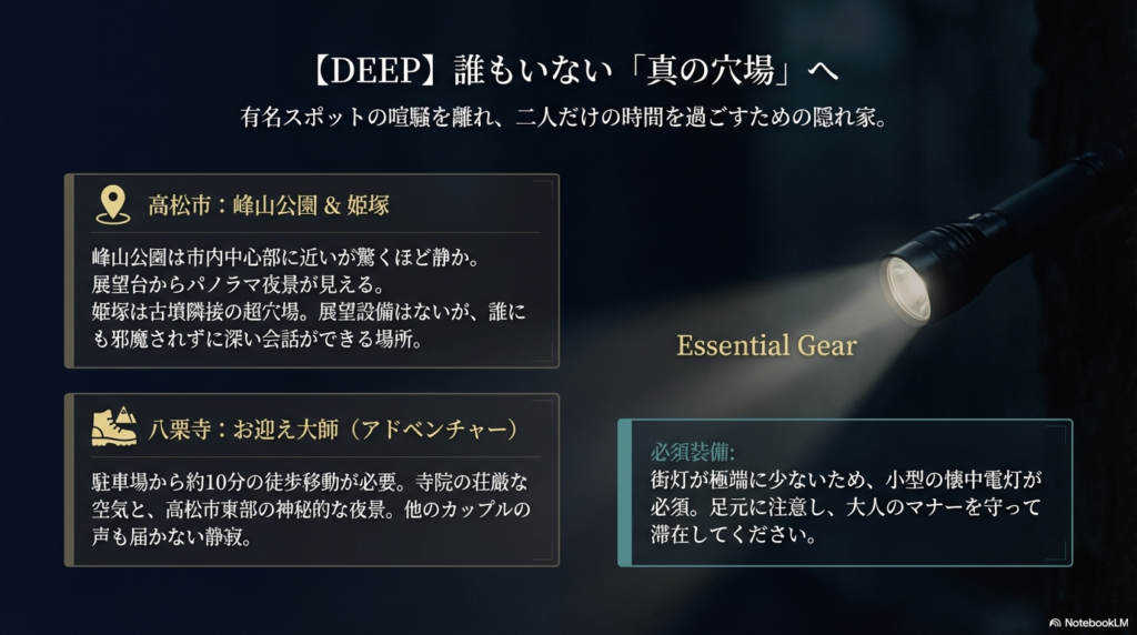 峰山公園や姫塚、八栗寺のお迎え大師など、喧騒を離れた静かな夜景スポットと必要な装備(懐中電灯)の案内 。