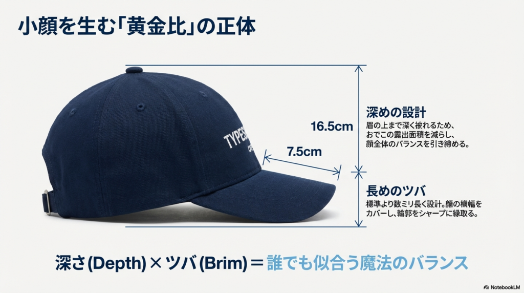 キャップの側面図。深さ16.5cm、ツバの長さ7.5cmの数値と、眉の上まで深く被れることでおでこの面積を減らしバランスを整える解説。