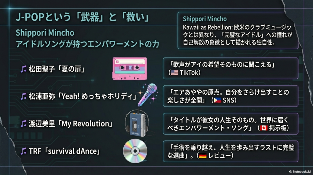 松田聖子、松浦亜弥、渡辺美里などの楽曲が、どのように自己解放の象徴として描かれ、SNSで反響を呼んでいるかを解説するスライド。ウォークマンやCDのイメージ画像が含まれる。