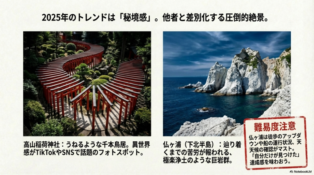 高山稲荷神社の千本鳥居と、下北半島・仏ヶ浦の巨岩群を紹介する、SNSで話題の絶景スライド。