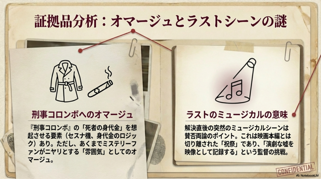『刑事コロンボ』へのオマージュ要素と、賛否両論あるラストのミュージカルシーンに込められた「祝祭」の意味を考察 。