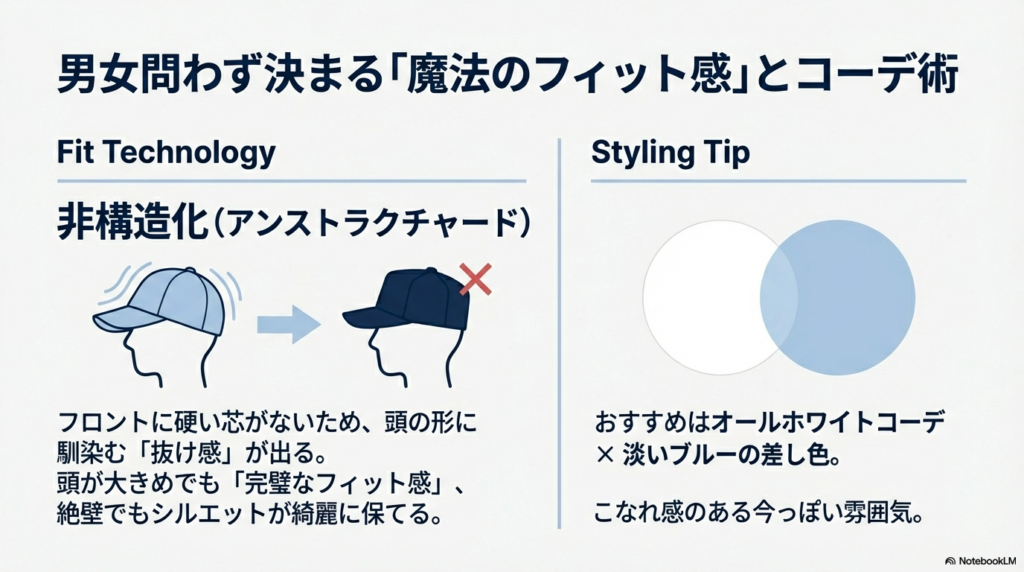 非構造化（アンストラクチャード）設計による頭への馴染みやすさの図解と、オールホワイトにブルーを差すコーデ術の紹介。