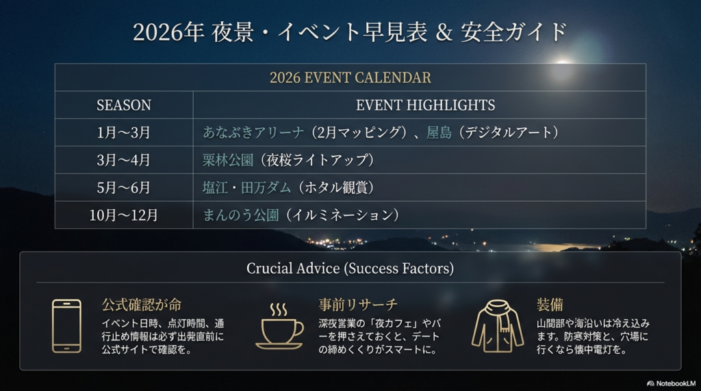 2026年のイベントスケジュール表と、デートを成功させるための「事前リサーチ・装備・締めくくり」のコツ 。