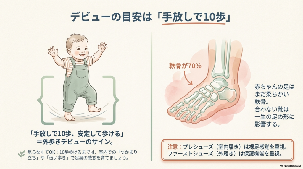 外歩きデビューの目安は「手放しで10歩」であること。赤ちゃんの足は70%が軟骨で柔らかいため、靴選びが一生の足の形に影響することを説明する図解。