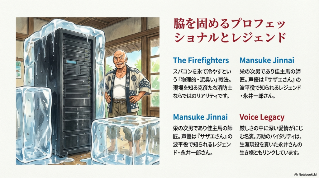 スパコンを氷で冷やす消防士たちの戦法と、永井一郎さんが演じた陣内万助の魅力を解説するスライド。氷に囲まれたサーバーのイラスト。