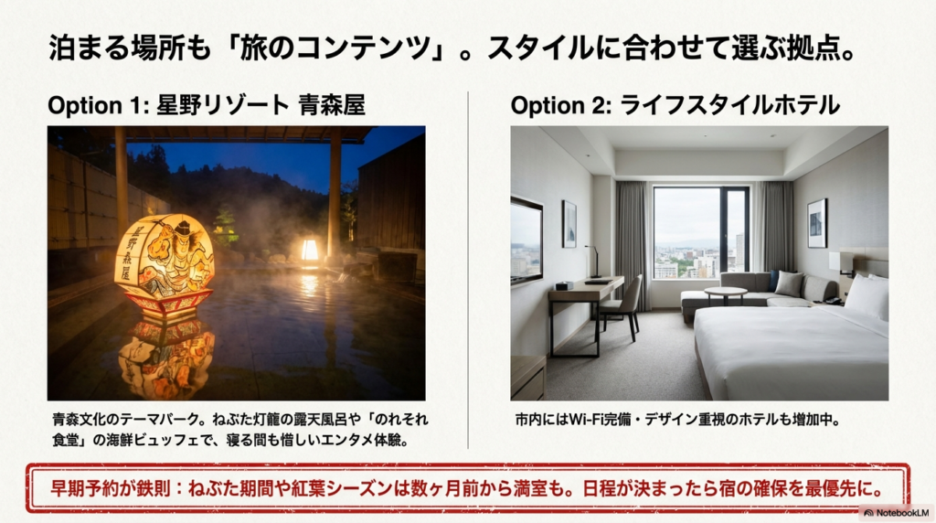 青森文化を体験できる「星野リゾート 青森屋」と、市内のモダンなライフスタイルホテルの比較紹介。