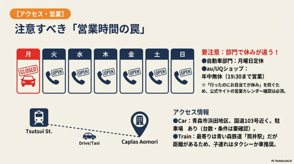 自動車部門(月曜定休)とau/UQショップ(年中無休)で異なる営業時間のカレンダー。および国道103号近くの立地、筒井駅からのアクセス(車推奨)を解説。