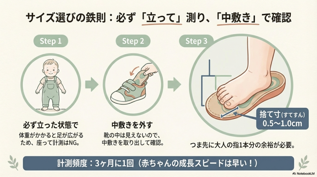 サイズ選びの鉄則として、1.必ず立って測る、2.中敷きを外して確認する、3.つま先に0.5〜1.0cmの「捨て寸」を確保することを、イラストで手順化したもの。