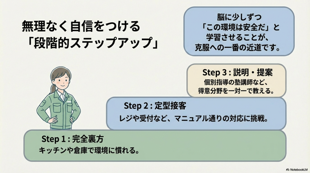 Step1完全裏方、Step2定型接客、Step3説明・提案と、段階を踏んで脳に「安全だ」と学習させるプロセスの解説。