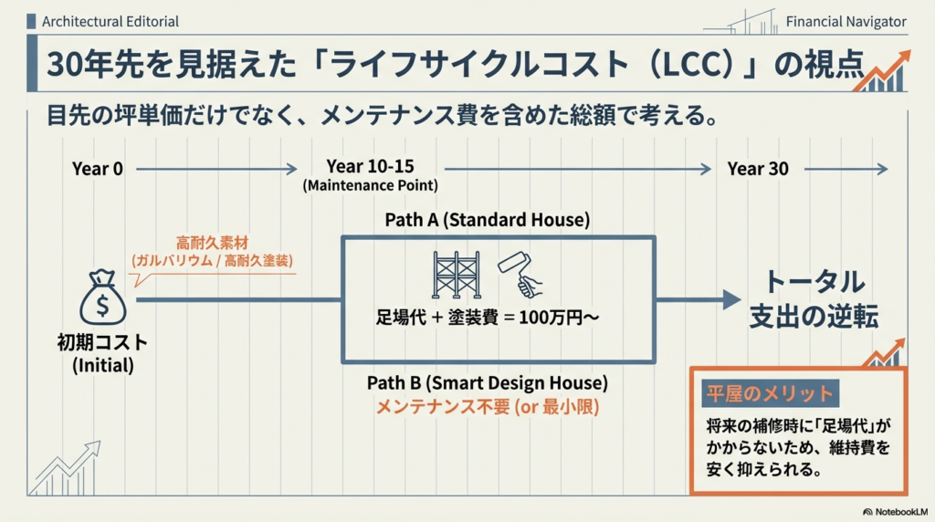 初期コストは高いが高耐久素材(ガルバリウム等)を使った家と、標準的な家の30年間のトータル支出を比較したグラフ。メンテナンス費の差でトータル支出が逆転することを示している。