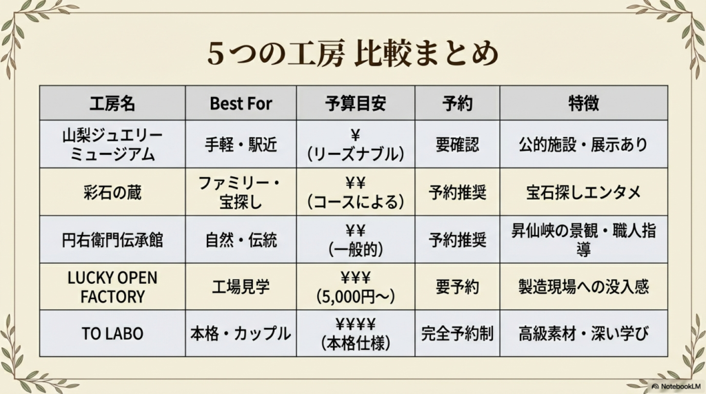 山梨ジュエリーミュージアム、彩石の蔵、円右衛門伝承館、LUCKY OPEN FACTORY、TO LABOの5つの工房の予算や特徴をまとめた比較表スライド 。