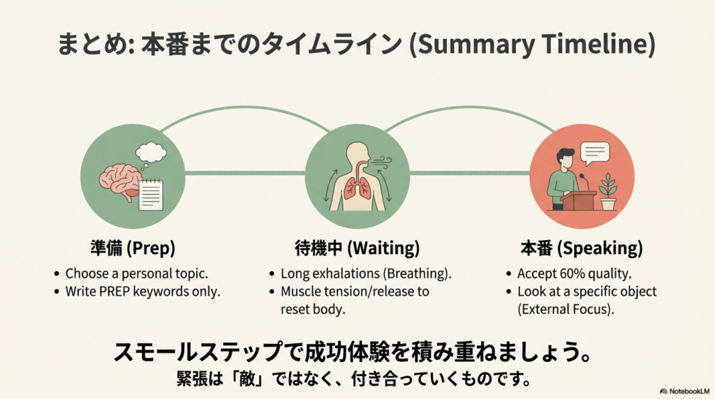 本番までの行動指針をまとめたタイムライン。準備期(体験談・キーワード)、待機中(呼吸・筋弛緩法)、本番(60点合格・外への集中)の各ステップでやるべきことが整理されています。緊張を敵ではなく、付き合っていくものとして捉えるメッセージが添えられています。