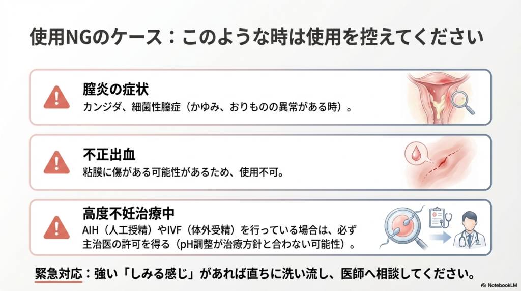 膣炎、不正出血、高度不妊治療中など、使用を控えるべき体調や症状、および異常時の対応をまとめたガイド。