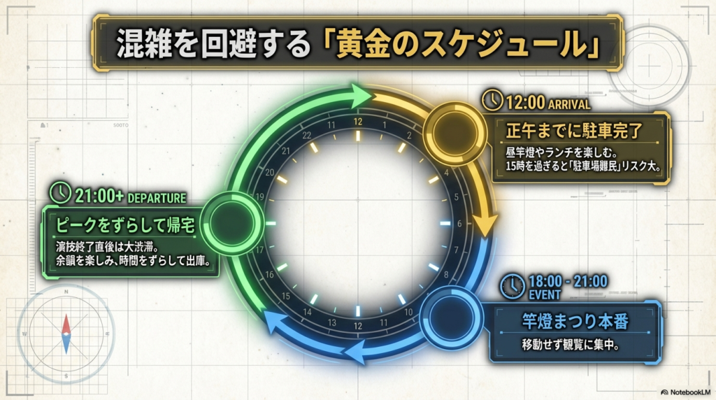 正午に駐車完了、18時から本番観覧、21時以降にピークをずらして帰宅するという推奨タイムライン。