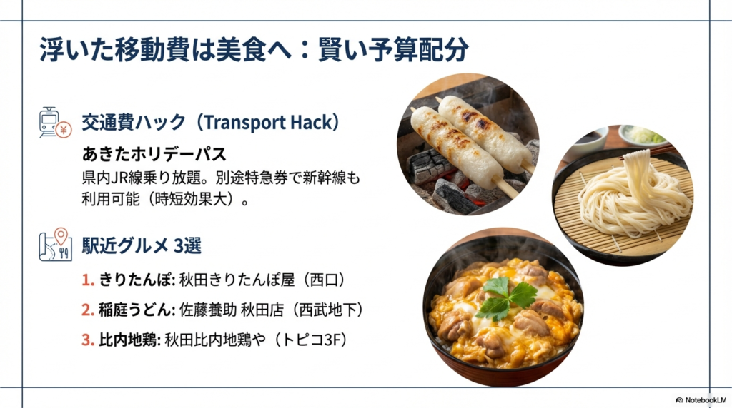 「あきたホリデーパス」の紹介と、秋田駅周辺で食べられる「きりたんぽ」「稲庭うどん」「比内地鶏」の3大グルメの写真付きリスト。
