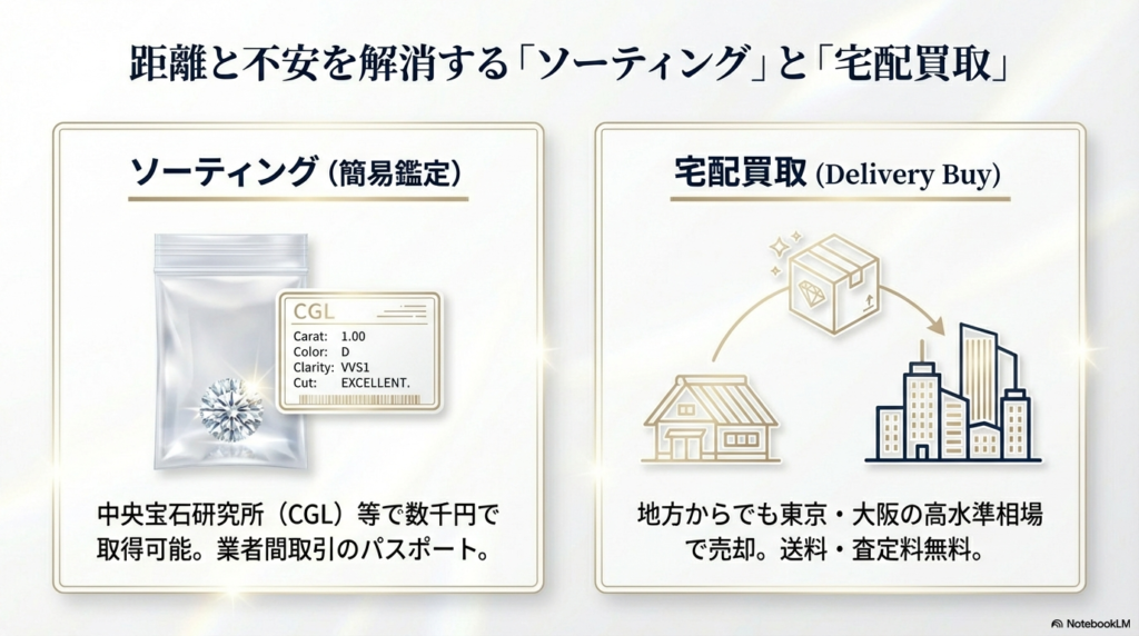 中央宝石研究所(CGL)などのソーティング(簡易鑑定)の役割と、地方からでも都市圏の相場で売却できる宅配買取のメリットを解説するスライド。